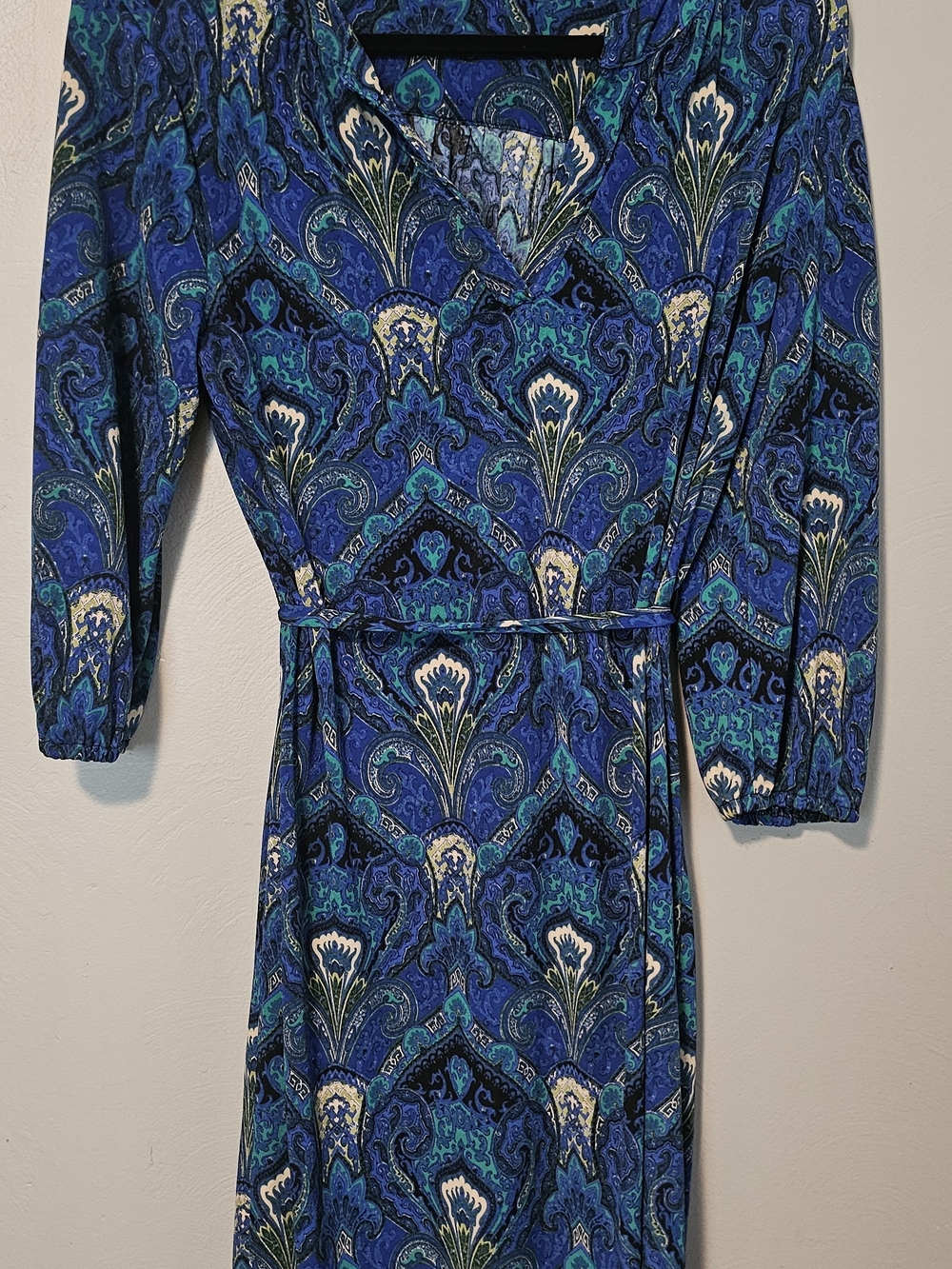 Cocomo Blue Paisley Faux Wrap Dress Size S/M 3/4 Sleeve Tie Waist Boho